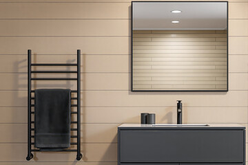 modern bathroom with black heated towel rack and gray vanity