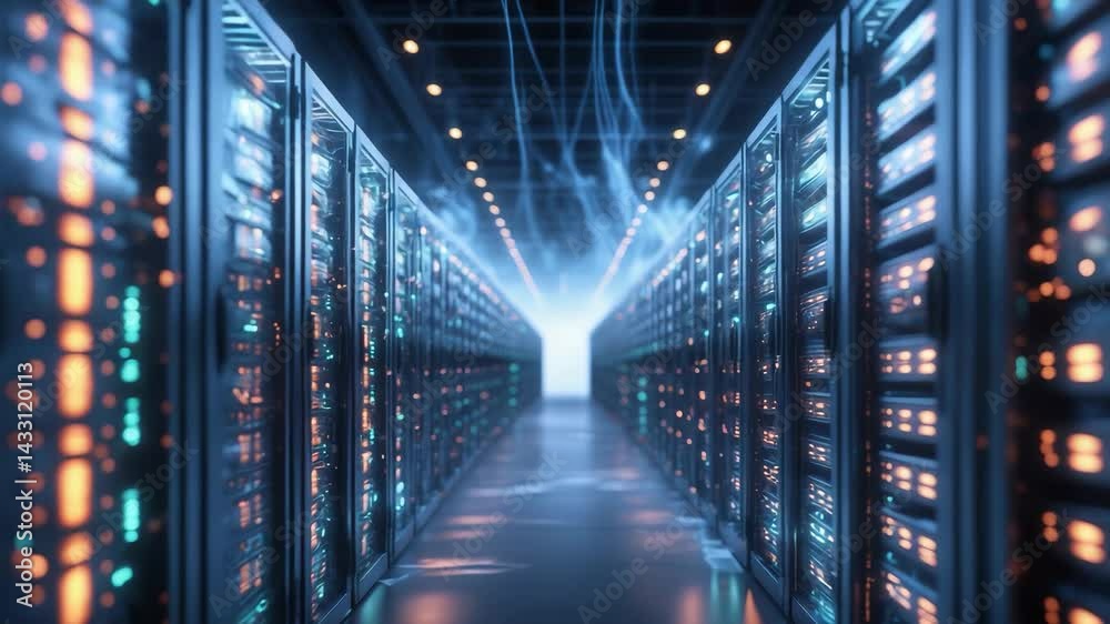 Poster abstract of a modern high-tech data center room featuring rows of racks with network and server hard