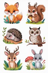 Naklejka premium Colorful woodland creatures in a playful design.