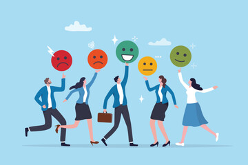 Satisfaction rating, customer feedback review or client survey, employee emotion raking, angry, sad or like, marketing review concept, customer or employee with emoji emotion as user satisfaction.