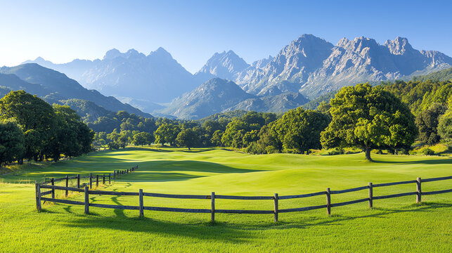A serene golf course landscape with lush green grass, rolling hills, distant mountains, and a clear blue sky.