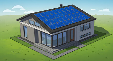 Obraz premium Modern Solar Home: Cartoon Illustration of Eco-Friendly House