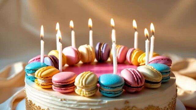 Festive birthday cake adorned with candles and macarons for food concept animated cover