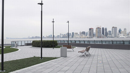 Obraz premium two wooden benches overlooking a cityscape on a calm day