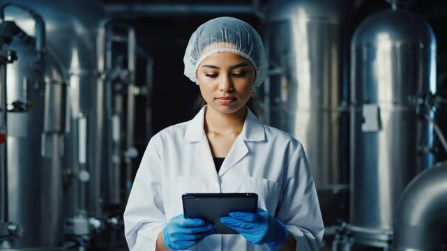 Woman worker milk checking factory plant