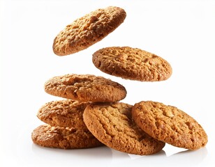 biscuit, oat, cookie, isolated, flying, falling, oatmeal, cereal, white, background, food, baked, cookies, sweet, chip, macro, brown, close up, closeup, crumbs, dark, homemade, round