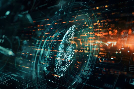 futuristic representation of fingerprint verification. The glowing fingerprint is displayed in a circular digital interface