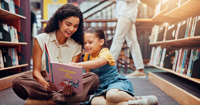 Kid, help or teacher reading book for learning, child development or talking in school. Teaching, smile or woman with girl or student in library for literature lesson, fairy tale or education support