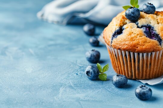 Delicious blueberry muffin on rustic blue background with fresh blueberries and mint leaves