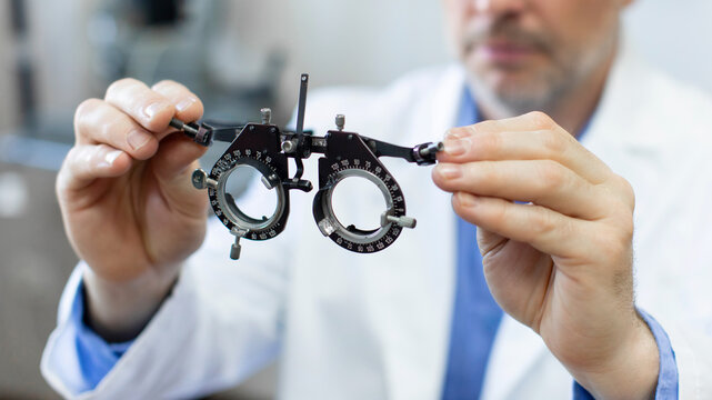Selective focus of eye examination spectacles in male doctor hands, professional working in ophthalmological correction clinic