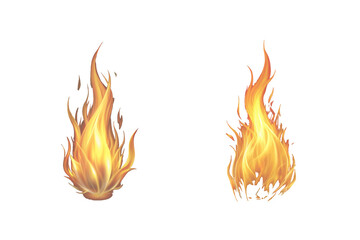 Fire flame effect, bonfire, realistic silhouette of match or torch flame. Lights and flames design on transparent background vector, png.	