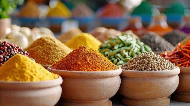 Vibrant Display of Colorful Spices and Herbs in Traditional Bowls