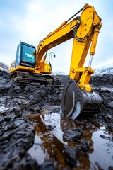 A yellow excavator digging dirt on a construction site
