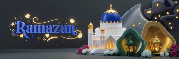 Ramazan Dark Fantasy 3D illustration Scene Featuring Glowing White Mosque with Blue Dome Golden Details Surrounded by Magical Lanterns Butterflies Roses Elegant Ramazan Text Luxurious Fantasy Setting