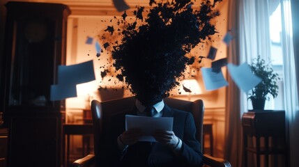 Fototapeta premium Man's head explodes in papers; home office, stress