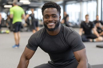 Man performing crunches in a fitness center with other gym-goers in the background during a workout session