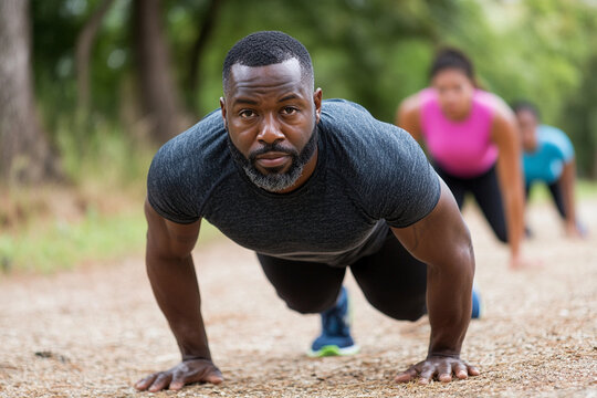 Man performing push-ups in a park setting during an outdoor fitness session with others