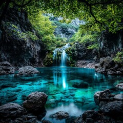 Naklejka premium Serene Jungle Waterfall with Lush Greenery and Turquoise Pool in a Natural Paradise