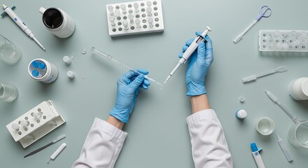 Science Lab: Gloved Hands Using Pipette Amidst Research Tools, Overhead View