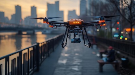 Urban drone flying over a city waterway at sunrise.
