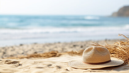 Straw Hat on Sandy Beach with Ocean View

