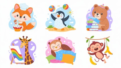 Six adorable cartoon animals engaged in playful and educational activities.