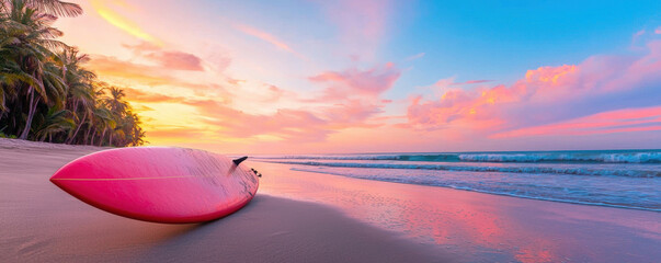 vibrant sunset over tranquil beach with pink surfboard resting on sand, evoking sense of peace and adventure