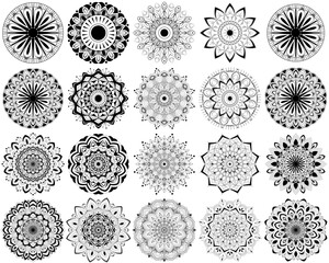 Horizontal mandala ornament set with Sacred Geometry Forms, . Vector illustration. Geometric Occult Design, Gold Alchemy Symbol, black Witch on white Background. Esoteric Prints template