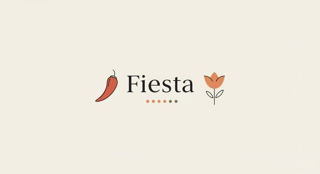 Fiesta logo with chili pepper, dots, and flower. Elegant minimalist style. Celebration theme. For upscale event invitations, menu design, boutique branding related to Mexican culture