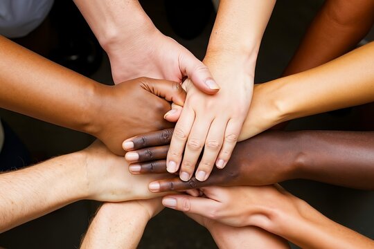 A group of people putting their hands together in a circle