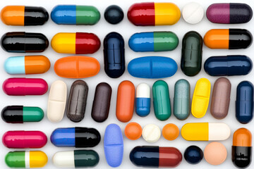 Colorful collection of various medications for multiple illnesses arranged on a surface