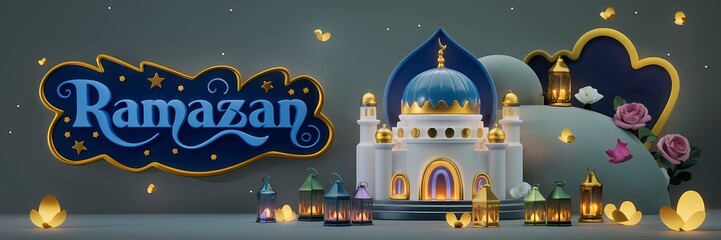 Ramazan Dark Fantasy 3D illustration Scene Featuring Glowing White Mosque with Blue Dome Golden Details Surrounded by Magical Lanterns Butterflies Roses Elegant Ramazan Text Luxurious Fantasy Setting