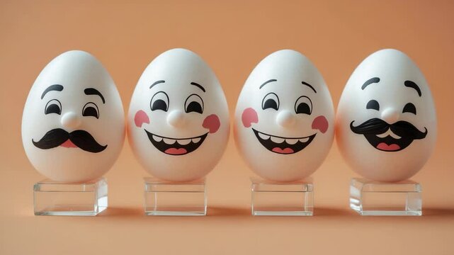 Close-up of four eggs with painted faces showing different emotions.