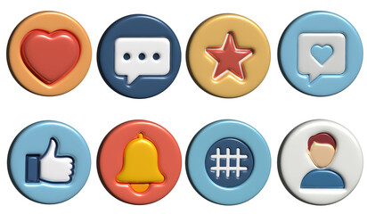 3D Social Media Icons Set  Like, Heart, Comment, Notification, Profile, Hashtag, Star Colorful UI Buttons for App and Web Design