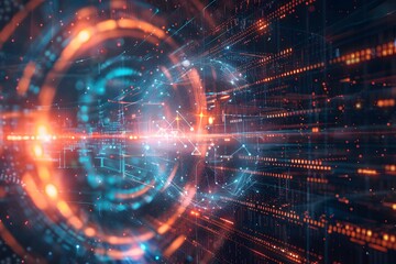 Obraz premium futuristic digital tunnel with glowing orange and blue lights. The tunnel is made up of a complex network of lines and dots, creating a sense of depth and motion.