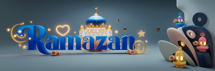 Ramazan Dark Fantasy 3D illustration Scene Featuring Glowing White Mosque with Blue Dome Golden Details Surrounded by Magical Lanterns Butterflies Roses Elegant Ramazan Text Luxurious Fantasy Setting