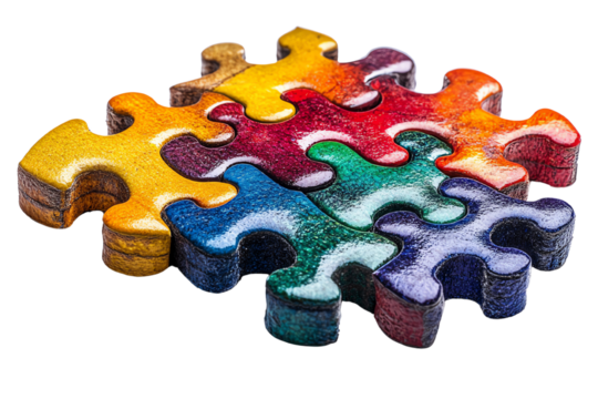 Colorful puzzle pieces arranged on a white isolated background.
