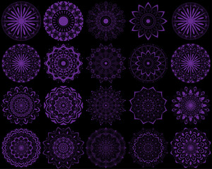 Horizontal mandala ornament set with Sacred Geometry Forms, . Vector illustration. Geometric Occult Design, Gold Alchemy Symbol, amethyst Witch on Black Background. Esoteric Prints template