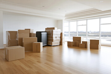 Mover transporting furniture boxes into a spacious empty room with large windows during daylight hours