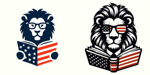 Obraz premium lion wear american flag glasses reading. Funny Animal Vector Clip art. Feline donning stars and stripes cloth spectacle academic pursuit.