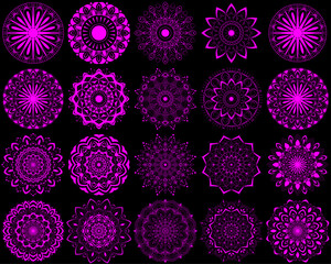 Horizontal mandala ornament set with Sacred Geometry Forms, . Vector illustration. Geometric Occult Design, Gold Alchemy Symbol, Fandango Witch on Black Background. Esoteric Prints template