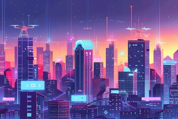 A futuristic city skyline at sunset with skyscrapers and advanced technology elements. The sky is filled with vibrant colors, showcasing a city of the future.