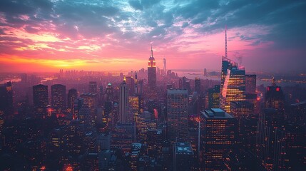 New York City Skyline at Sunset with Illuminated Skyscrapers and