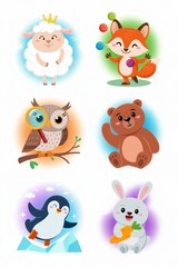 Naklejka premium Cute animal characters in a playful, colorful arrangement.