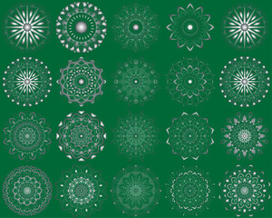 Horizontal mandala ornament set with Sacred Geometry Forms, . Vector illustration. Geometric Occult Design, Gold Alchemy Symbol, White Witch on Green Background. Esoteric Prints template