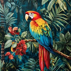 Fototapeta premium Colorful scarlet macaw perched in lush rainforest high-resolution picture