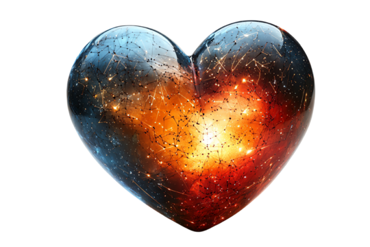 A cosmic heart shape symbolizing love and the universe, featuring vibrant orange and blue hues on a white isolated background.