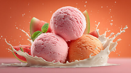 High-detailed photo of creamy ice cream scoops with crushed watermelon and guava, vibrant milk splash on isolated blue background. Perfect for food ads, menus, and refreshing summer campaigns!