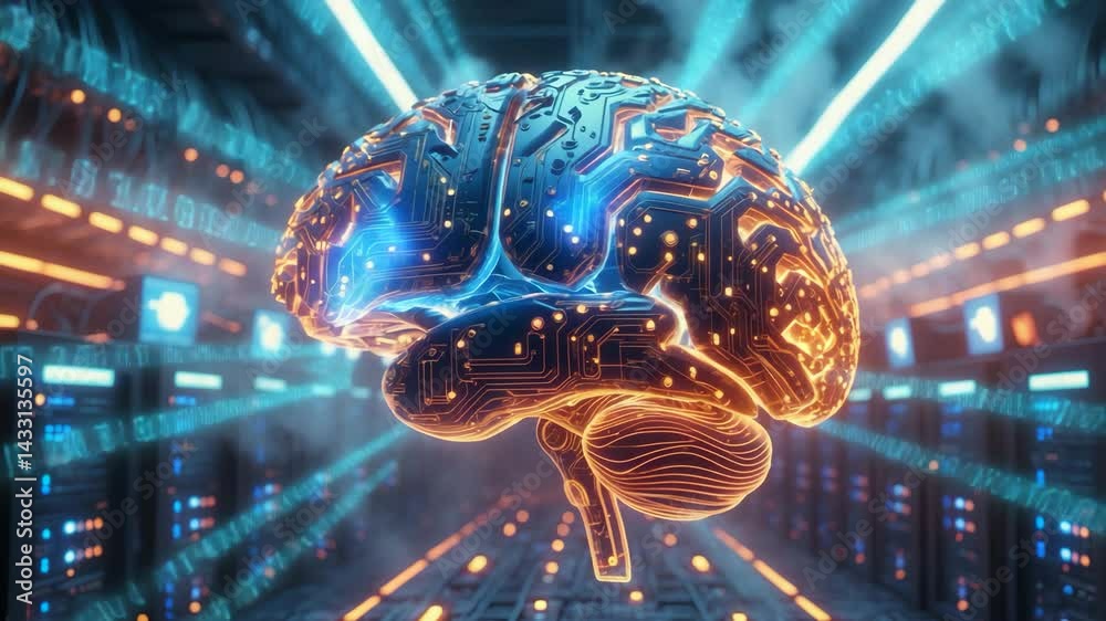 Poster animation of a brain surrounded by circuit board patterns in a server room, illustrating artificial 