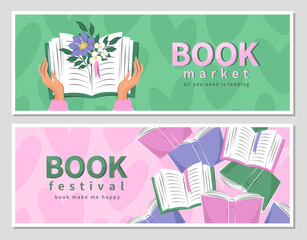 Horizontal banners for bookstore, festival, market, bookshop or library. Lots of books and spring flowers. Vector illustration for poster, cover, marketing, sale.